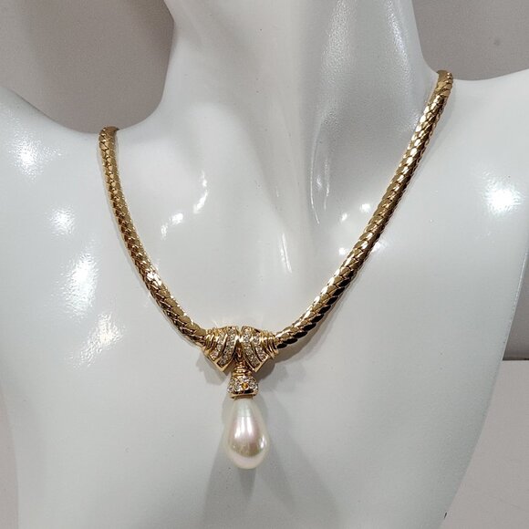 NWT Rare Vintage Christian Dior Gold Tone Faux Pearl/Rhinestone Choker 17" - Picture 1 of 8